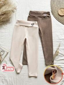 SHEIN Vintaside Kids 两件装女童打底裤，饰有心形刺绣图案，天鹅绒内衬，适合日常休闲穿着，秋冬季节适用。 - 棕色 - 查看 1