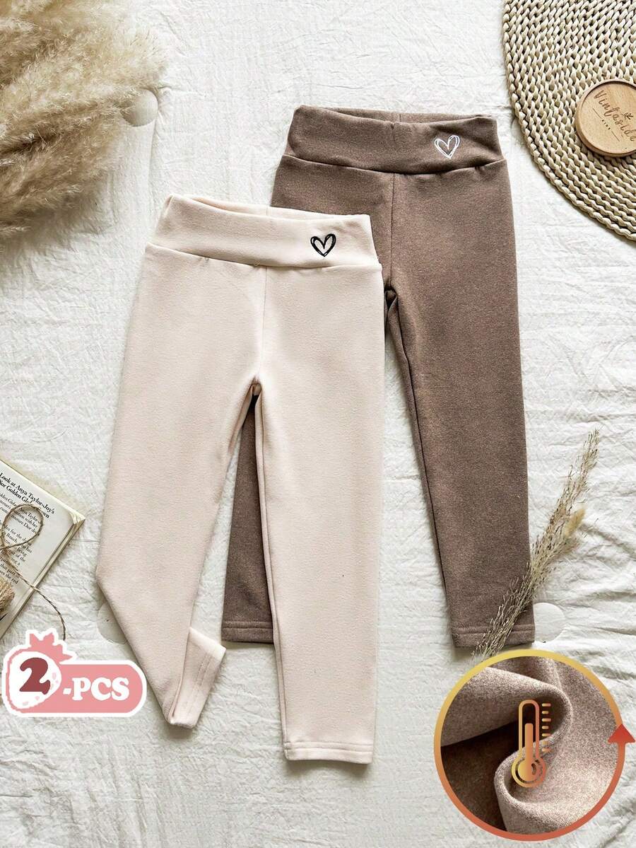SHEIN Vintaside Kids 两件装女童打底裤，饰有心形刺绣图案，天鹅绒内衬，适合日常休闲穿着，秋冬季节适用。 - 棕色 - 查看 1