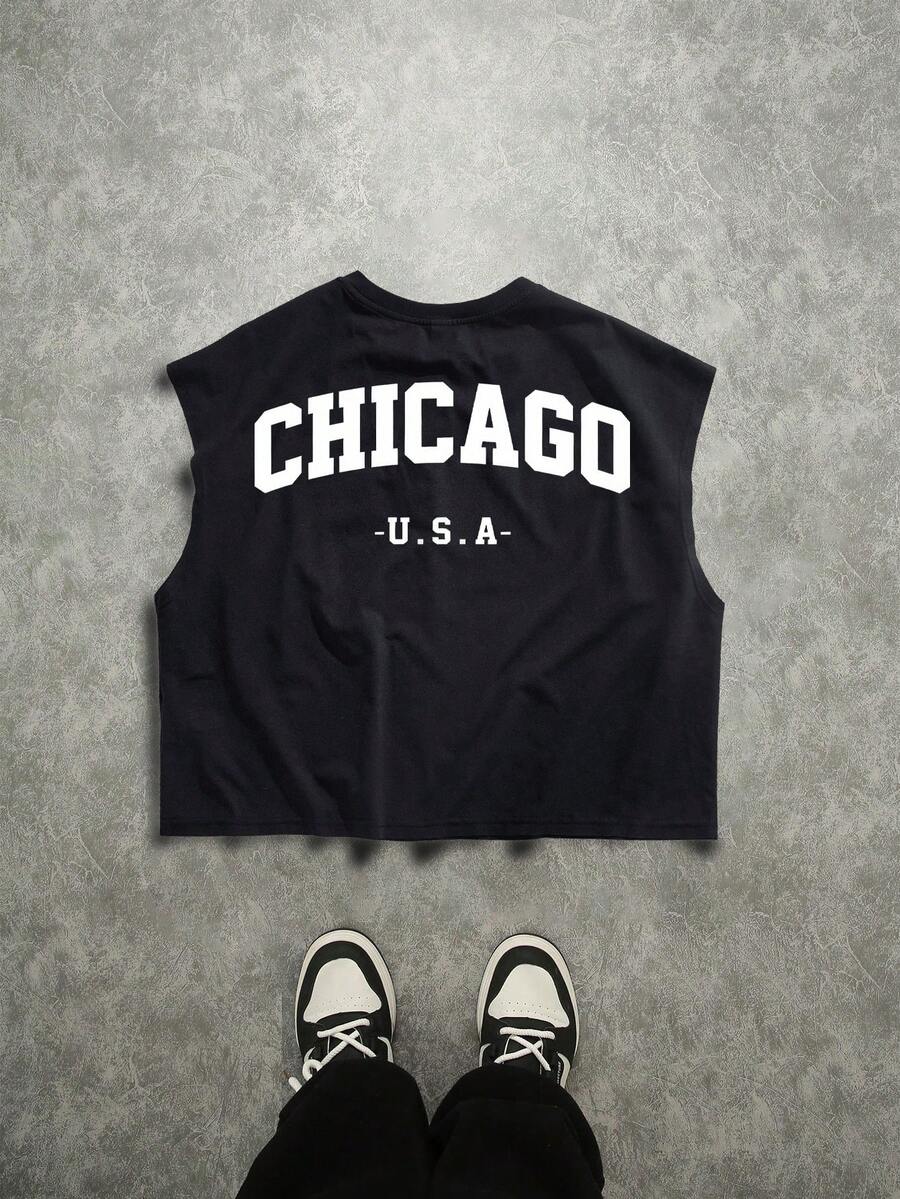 Manfinity ZONE917 宽松白色“CHICAGO”印花黑色短款露背背心 - 黑色 - 查看 1