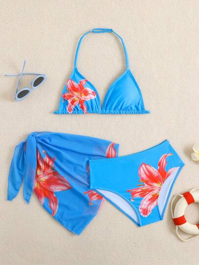 SHEIN 少女比基尼套装，可爱蓝色百合针织面料，三角包、三角裤、三角围巾三件套，时尚休闲，精致华丽，适合游泳、夏季度假、海滩、泳池、夏季派对、休闲度假。三件套比基尼搭配纱笼裙，夏季两件套，青少年泳装，女孩沙滩套装，三件套泳衣套装，女孩印花比基尼套装，两件套泳衣搭配纱笼裙。