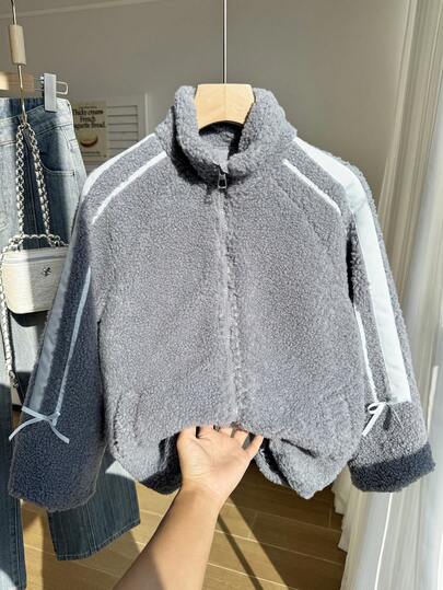 SHEIN 女童休闲米色蓬松外套，饰有蝴蝶结，通勤百搭