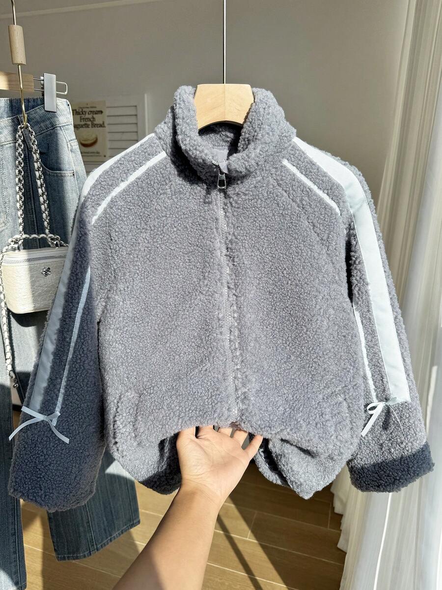 SHEIN Girls' Casual Beige Fluffy Jacket With Bow Decor, Versatile For Commuting - Blue - View 1