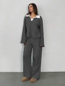 SHEIN Tall 女款2件套寬鬆黑白條紋V領長袖T恤與鬆緊腰長褲，休閒居家返校秋季冬季針織套裝，適合高個女性 - 黑色 - 查看 4