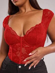 SHEIN BAE 大码女式黑色短袖紧身衣、性感优雅上衣、通勤紧身衣、派对紧身衣、年轻时尚连体裤、蕾丝花边紧身衣、海滩度假休闲紧身衣、户外、下午茶、日常穿着、Y2K 风格、海滩女装、节日晚装、T 恤、工作上衣、狂欢节服装、春季服装、夏季女装、母亲节、母亲节礼物、妈妈、音乐节、音乐会、办公室着装、休闲外出、毕业 - 紅色 - 查看 4