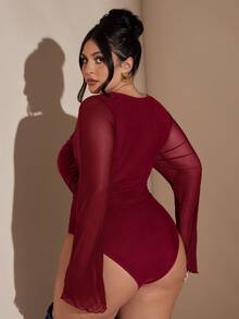 SHEIN BAE Bộ đồ liền thân dài tay màu tím thanh lịch cỡ lớn dành cho nữ, mùa thu/đông - Màu Đỏ Sâu - Xem 2