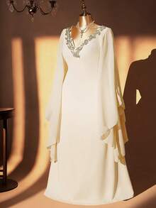 DreamSkyne 大码女士优雅V领刺绣荷叶边连衣裙，复古飘逸喇叭袖摆裙，适合正式场合、派对和度假 - 杏色 - 查看 4