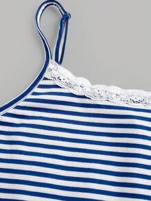 SHEIN Girlism 少女休闲条纹蕾丝边吊带背心和直筒阔腿裤两件套针织套装，舒适弹力条纹运动服套装，适合春夏穿着 - 藍白色 - 查看 5