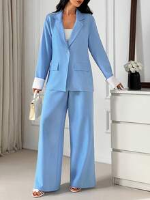 EURMUSE Ensemble deux pièces pour femmes en lin, veste blazer et pantalon - Bleu ciel - Voir 1