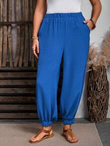 SHEIN Pantalones informales de talla grande con cordón en unicolor - Azul - Ver 3
