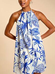 Travachic Women's Casual Halter Neck Ocean & Tropical Pattern Vacation Dress - Blue and White - View 3