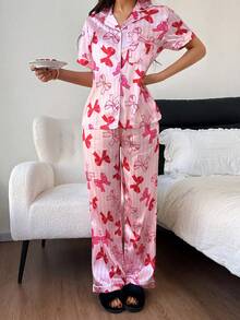 Dream Adore Conjunto de pijama de seda sintética con estampado de rayas y lazo rosa, regalo del Día de San Valentín para mujeres - Rosa - Ver 4
