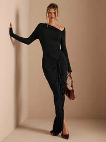 SHEIN BAE 纯棕色秋冬针织连衣裙，斜肩设计，腰部褶皱，侧边系带，优雅妩媚，适合派对、浪漫约会、鸡尾酒会、伴娘礼服、晚宴外出以及秋冬季叠穿等场合。 - 黑色 - 查看 4