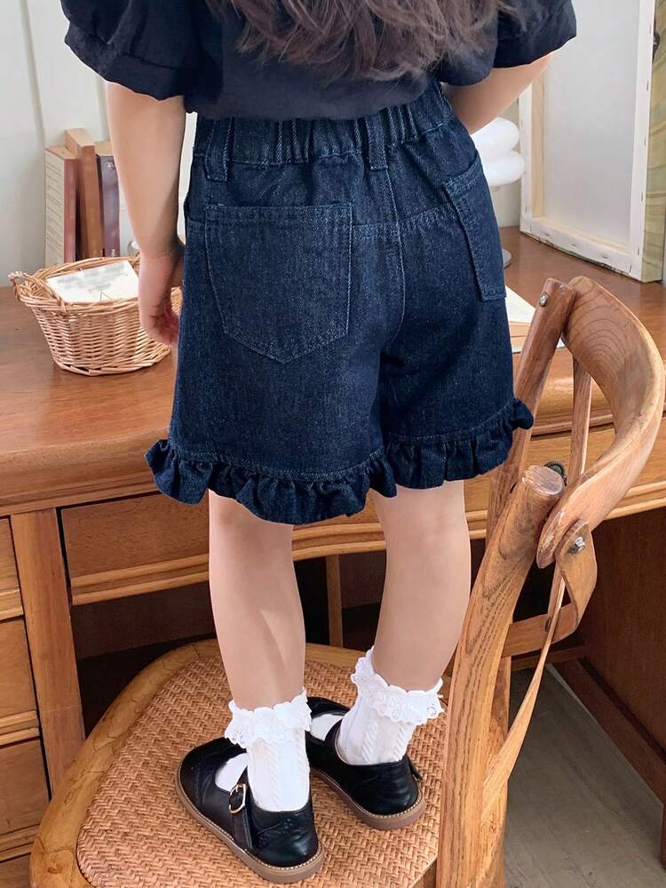 Young Girl Plain Slant Pocket Elastic Waist Ruffle Hem Washed Denim Jeans