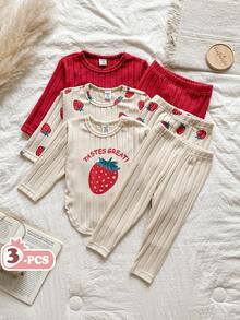 SHEIN Conjunto de 6 piezas de top con estampado de fresa y dobladillo curvo + pantalones de unicolor estampado, conjunto de ropa casual y versátil linda para niña bebé en otoño - Multicolor - Ver 3