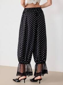 European And American Fashion New Spring/Autumn Casual Lantern Pants, Elastic Waist, Lace Hem Design, Simple Versatile Retro Polka Dot Design Women Trousers - Black and White - View 2