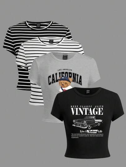 SHEIN EZwear 4件套休闲复古汽车和熊图案印花圆领短袖修身短款女式T恤