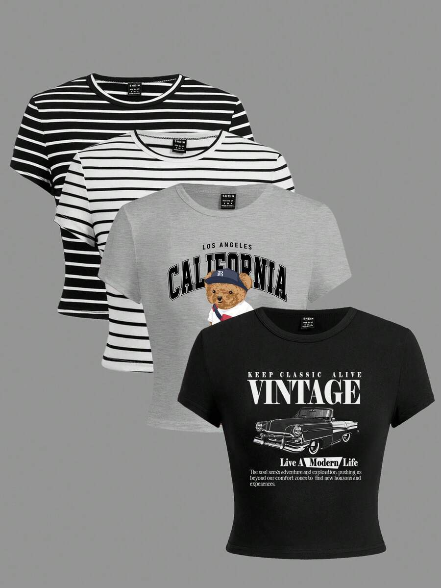 SHEIN EZwear Bộ 4 áo thun nữ tay ngắn cổ tròn dáng ôm, in hình đồ họa xe hơi và gấu theo phong cách vintage. - Nhiều màu - Xem 1