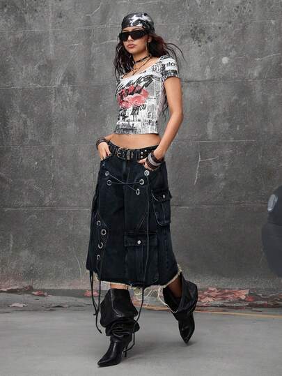Grunge Punk Streetwear Punk Style Distressed Loose Low-Waist Women Denim Bermuda Shorts