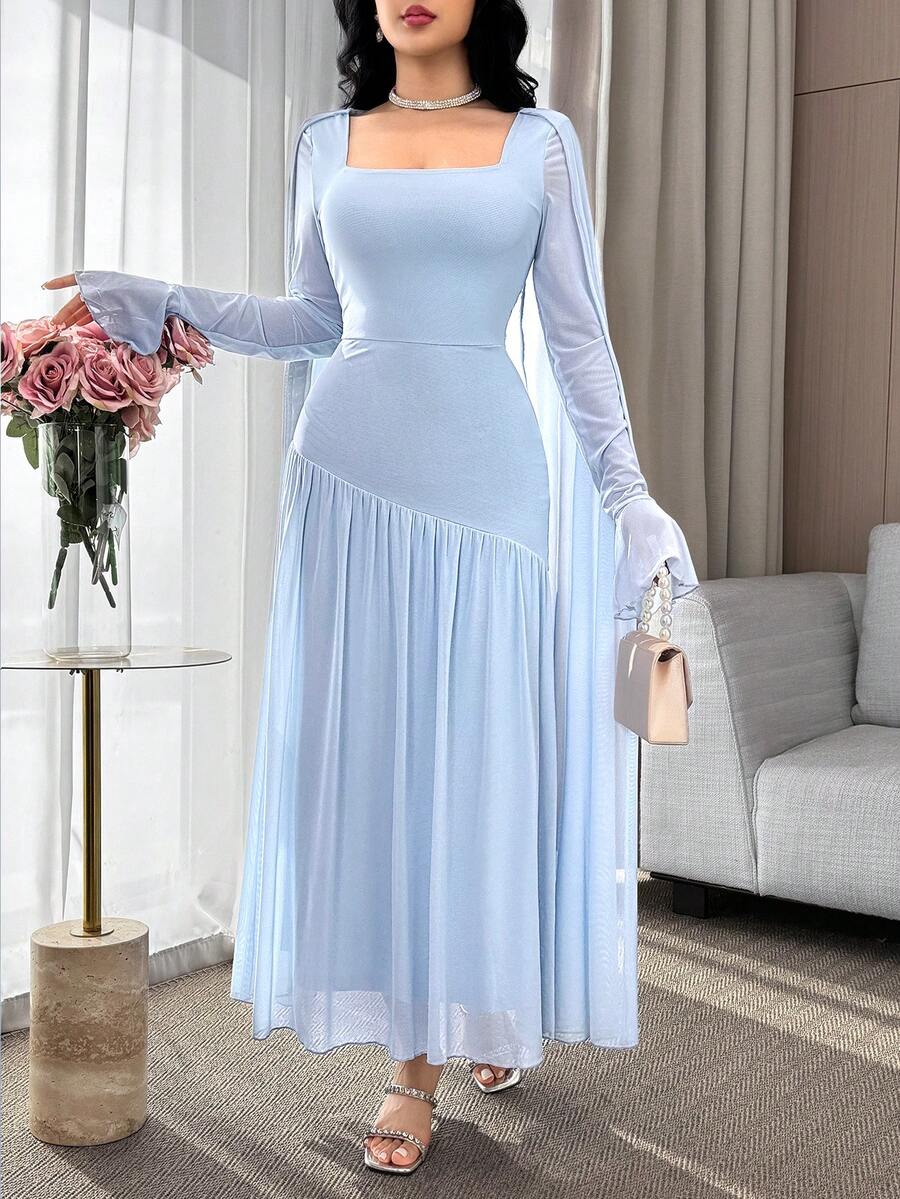 Feyla Women's Elegant Baby Blue Modest Dress For Date,Autumn Party Banquet,Square Neck Cape Sleeve Mermaid Hem Fitted Long Dress,Birthday Outfit Bridesmaid - Blue - View 1