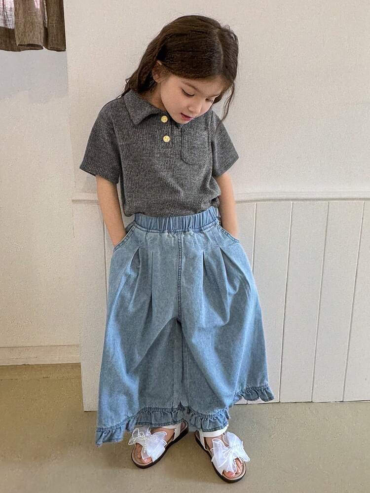 Young Girls Solid Color Casual Polo Neck T-Shirt, Spring/Summer