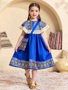 SHEIN Young Girl Retro Print Patchwork Fringe Decor Sleeveless A-Line Dress - Blue - View 5