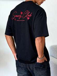 Manfinity Unisex 男士休闲T恤 红色爱心刺绣宽松圆领短袖T恤 - 黑色 - 查看 2