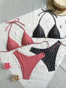 Swim Mod 4件套新款碎花+彩色贝壳和海星金属装饰扭结侧高衩比基尼泳衣套装，沙滩度假女士格子三角比基尼夏季泳装波点比基尼波点泳衣 - 彩色 - 查看 1