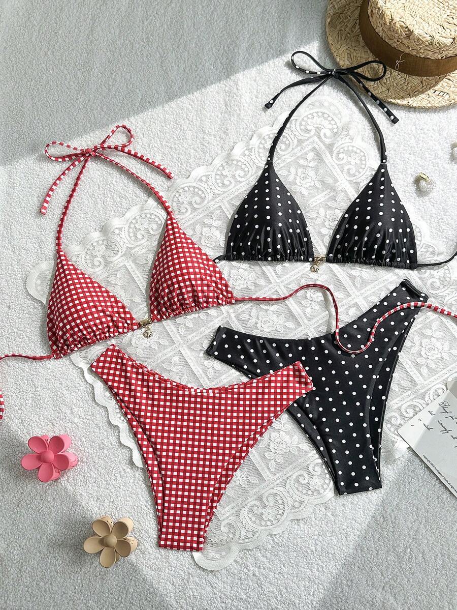 Swim Mod 4件套新款碎花+彩色贝壳和海星金属装饰扭结侧高衩比基尼泳衣套装，沙滩度假女士格子三角比基尼夏季泳装波点比基尼波点泳衣 - 彩色 - 查看 1
