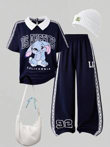 SHEIN Chelsea Crush 女童两件套：短袖T恤，衬衫领，蕾丝花边装饰，卡通印花；针织阔腿裤，蕾丝花边，字母数字印花，学院风，适合春夏休闲、返校、运动、度假等场合。 - 藏蓝色 - 查看 1