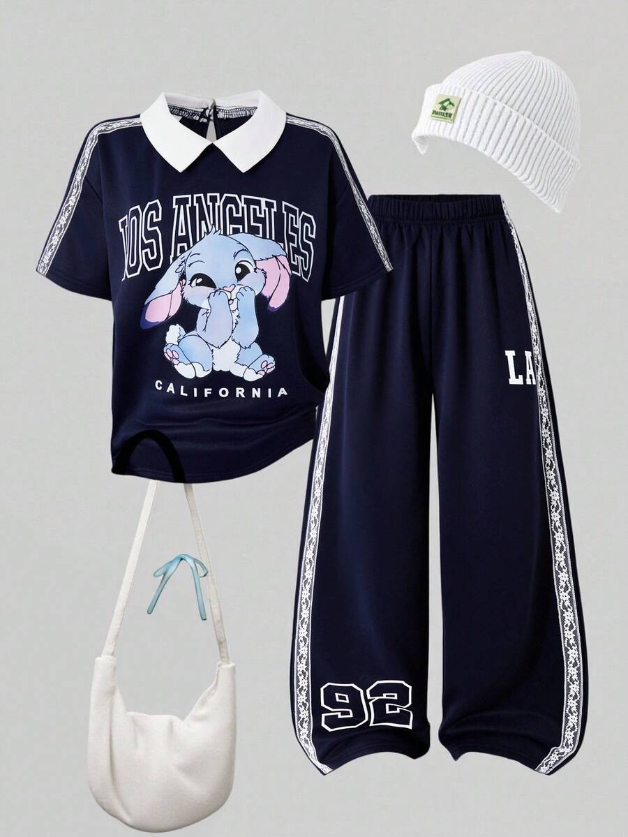 SHEIN Chelsea Crush 女童两件套:短袖T恤,衬衫领,蕾丝花边装饰,卡通印花;针织阔腿裤,蕾丝花边,字母数字印花,学院风,适合春夏休闲、返校、运动、度假等场合。 - 藏蓝色 - 查看 1