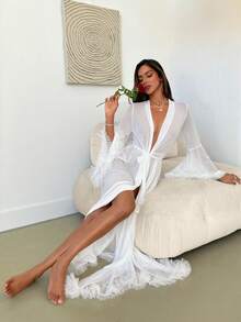 Aloruh 对比色网眼喇叭袖系带睡袍（不含内衣套装） - 白色 - 查看 6