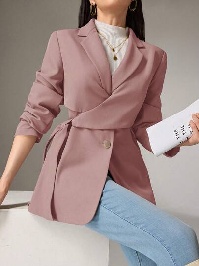 Heiryn Blazer de manga larga con solapa entallada, pliegues laterales y cierre de lazo para uso diario casual de las mujeres