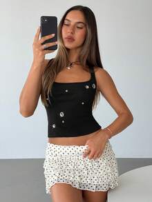 Aloruh 女士性感方领镂空装饰修身黑色纯色吊带背心 - 黑色 - 查看 6