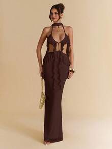 SHEIN BAE Rochie elegantă de vacanță, cu spate decoltat, cu volane albe și caisă, rochie de vară boemă, ținută de concert pentru femei - cafea maro - Vizualizare 3
