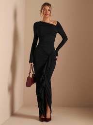 SHEIN BAE Solid Brown Autumn/Winter Knit Dress With Oblique Shoulder, Ruched Waist, And Side Sash, Elegant And Feminine, Suitable For Parties, Romantic Dates, Cocktail Events, Bridesmaid Dresses, Evening Outings, Layering In Autumn/Winter Ruched Dresses For Women One Shoulder Dress Elegant Long Sleeve Elegant Dress Asymmetrical Dress