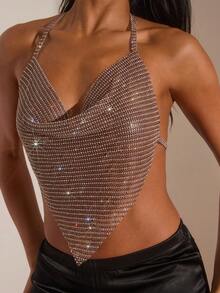 Opulessa Áo croptop nữ màu trơn đính sequin, kiểu cổ yếm, lưng trần, thích hợp cho tiệc tùng, câu lạc bộ, hẹn hò, đi chơi đêm, kỳ nghỉ, bãi biển, vườn, tiệc gợi cảm, ngày Quốc khánh, đi chơi, lễ hội. - Cà phê nâu - Xem 5