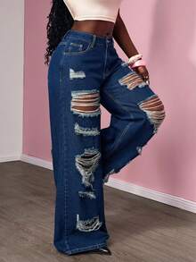 Slaydiva Plus Size Loose Distressed Straight Leg Blue Jeans - Blue - View 2