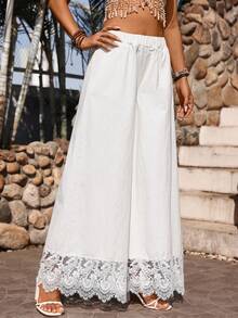Breezaya 女士弹力腰带撞色蕾丝阔腿宽松牛仔裤 - 白色 - 查看 3