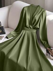 GlowEve 女士优雅V领派对衬衫裙，绿色，适合通勤，秋冬 - 綠色 - 查看 1