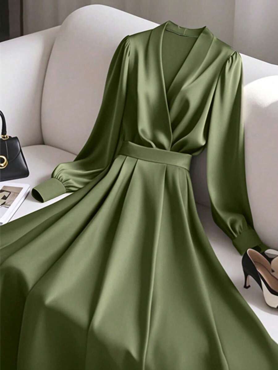 GlowEve 女士优雅V领派对衬衫裙，绿色，适合通勤，秋冬 - 綠色 - 查看 1