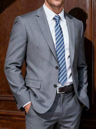 Manfinity Mode 男士浅灰色商务长袖西装外套（前开襟纽扣款）