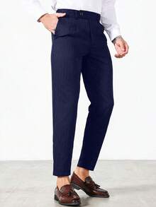Calvornis Men's Casual Commuter Striped Tapered Suit Pants - Navy Blue - View 3