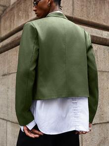 Manfinity EMRG 黑色短款休闲西装外套，双排扣金属铆钉设计，百搭实用，是送给男友或丈夫的绝佳礼物 - 軍綠色 - 查看 2