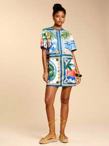 Travachic Vestido Casual Feminino de Gola Redonda e Manga Curta com Estampa Tropical, Ideal para Férias - Multicolorido - Visão 3