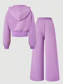 Sparklyn 2pcs/Set Teenage Girls' Floral Gray Hooded Zip-Up Cardigan With Loose Dropped Shoulder And Ribbed Waist, Paired With Matching Loose Fit Relaxed Pants, Casual Sports College Style Outfit, Suitable For Outdoor, Indoor, Sports, Party, School, Spring/Autumn/Winter Girl Y2k Outfit Purple Outfits Teen Teen Y2k Outfit - Purple - View 2