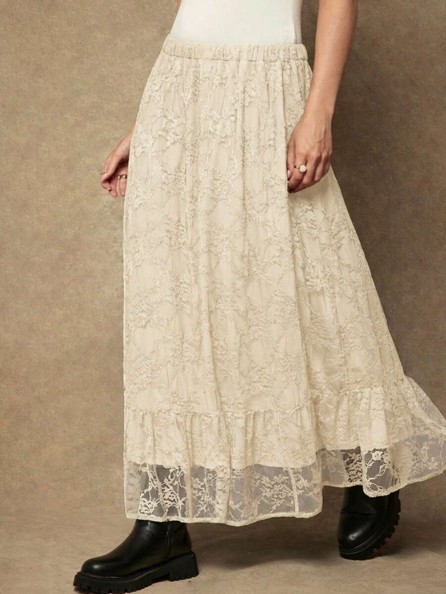 Freevana 大码优雅纯色蕾丝半身裙,适合通勤。 - 杏色 - 查看 1