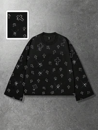 T-shirt girocollo a maniche lunghe unisex casual e alla moda, con decorazioni in strass