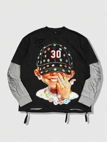 ROMWE MEN Spring Casual Graphic Men'S Casual 2 In 1 Long Sleeve T-Shirt - Black - View 5