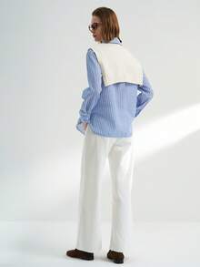 Airaco 女式条纹长袖单排扣休闲/工作衬衫 - 藍色 - 查看 3