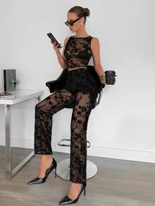 Siren Gaze Black Top + Pants Set Lace Blouse + High-Waisted Flare Lace Knit Pants, Women's 2-Piece Set Black Mesh Sheer Lace Jacquard Sexy Party Outfit For Women - Black - View 4